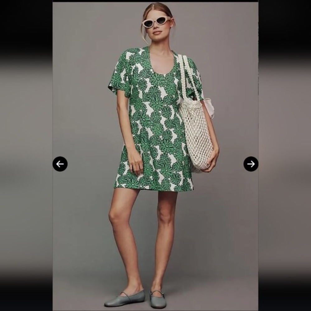 Anthropologie Porridge Short Sleeve Crew Neck Linen Printed Mini Dress